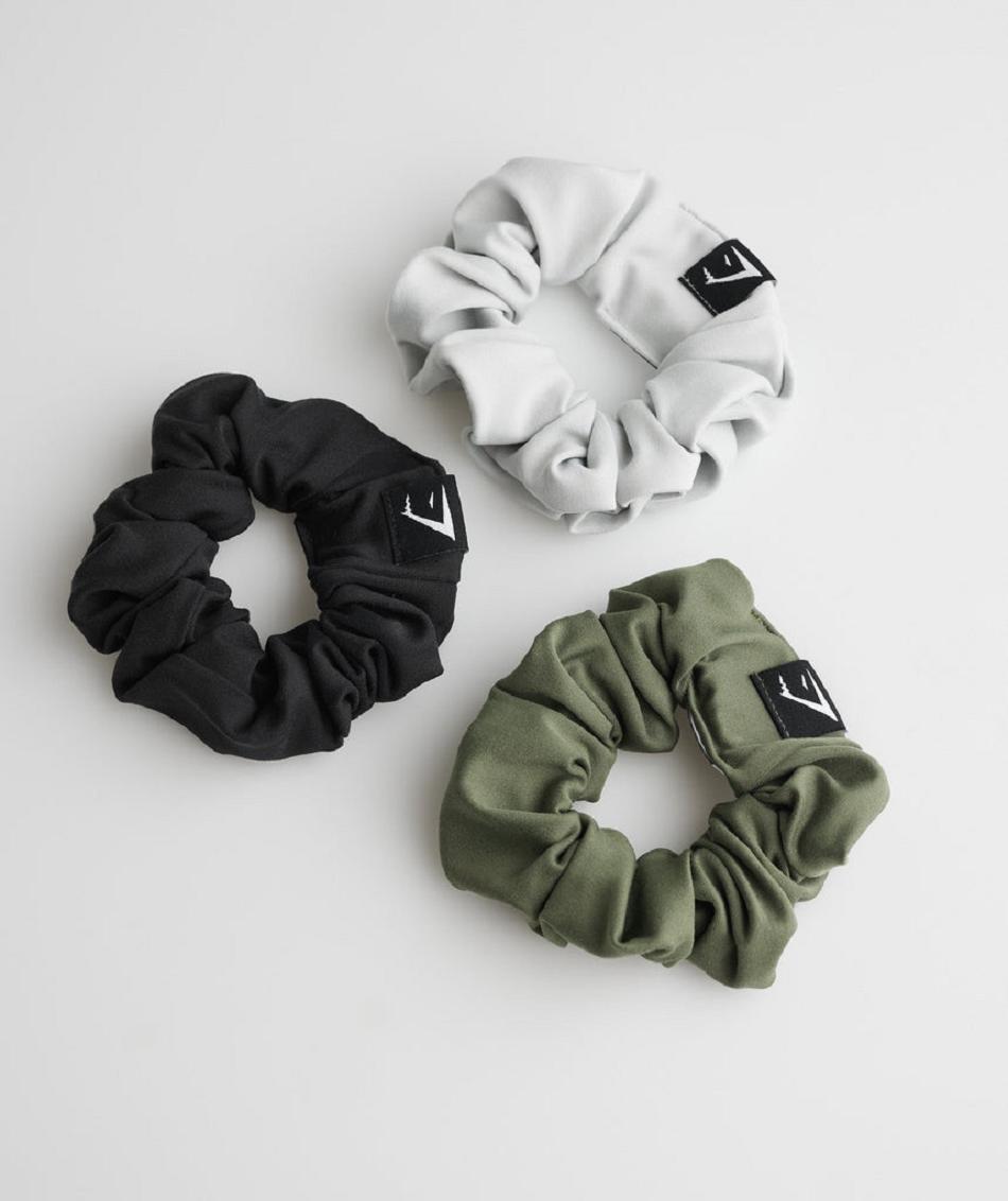 Ekwipunek Damskie Gymshark Scrunchies 3Pk Czarne Oliwkowe Głęboka Szare | PL 2049EBC